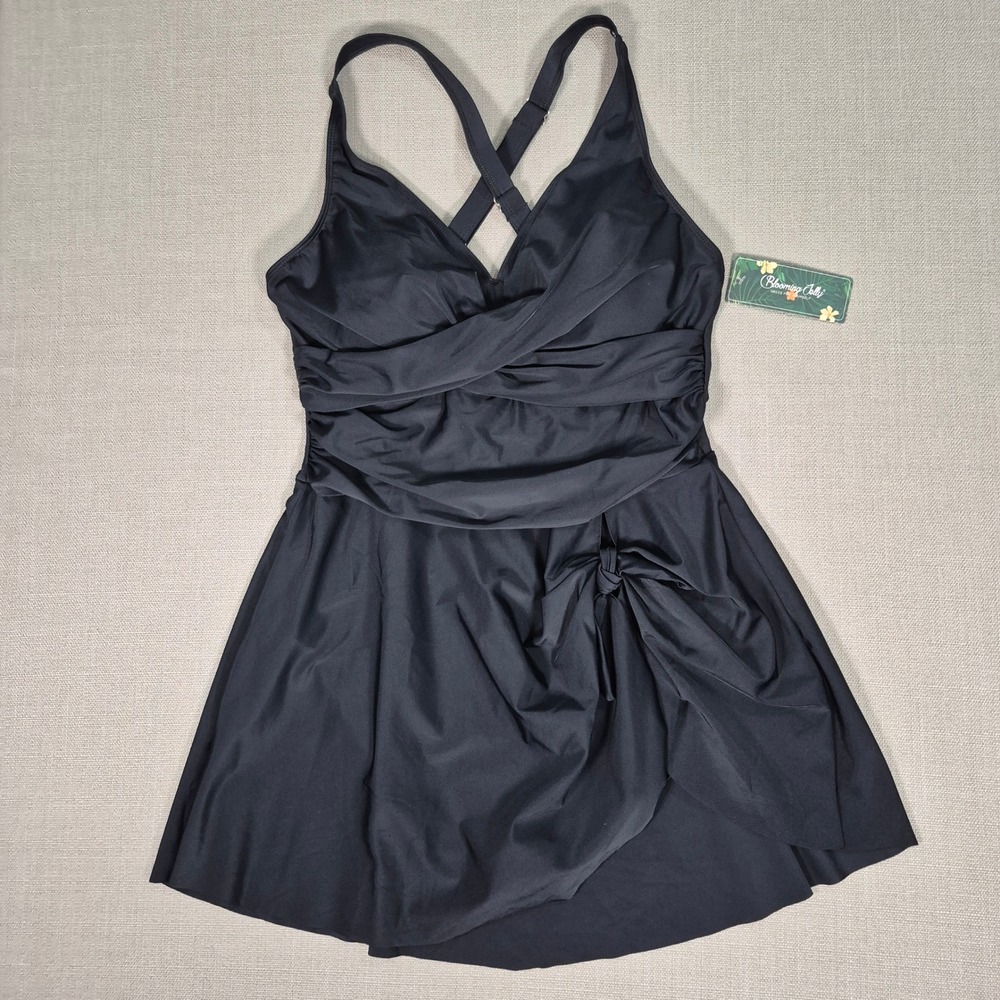 Blooming Jelly Black Wrap Front Tummy Control Swimdress One Piece Size L NWT